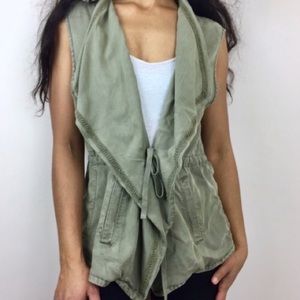 Max Jeans Utility Drape Front Vest Khaki Olive Green with Drawstring Size S